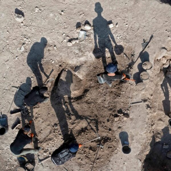 An aerial photo shows Israeli archaeologists working outside the Tomb of Salome. Photo by Menahem Kahana / AFP via Getty Images.