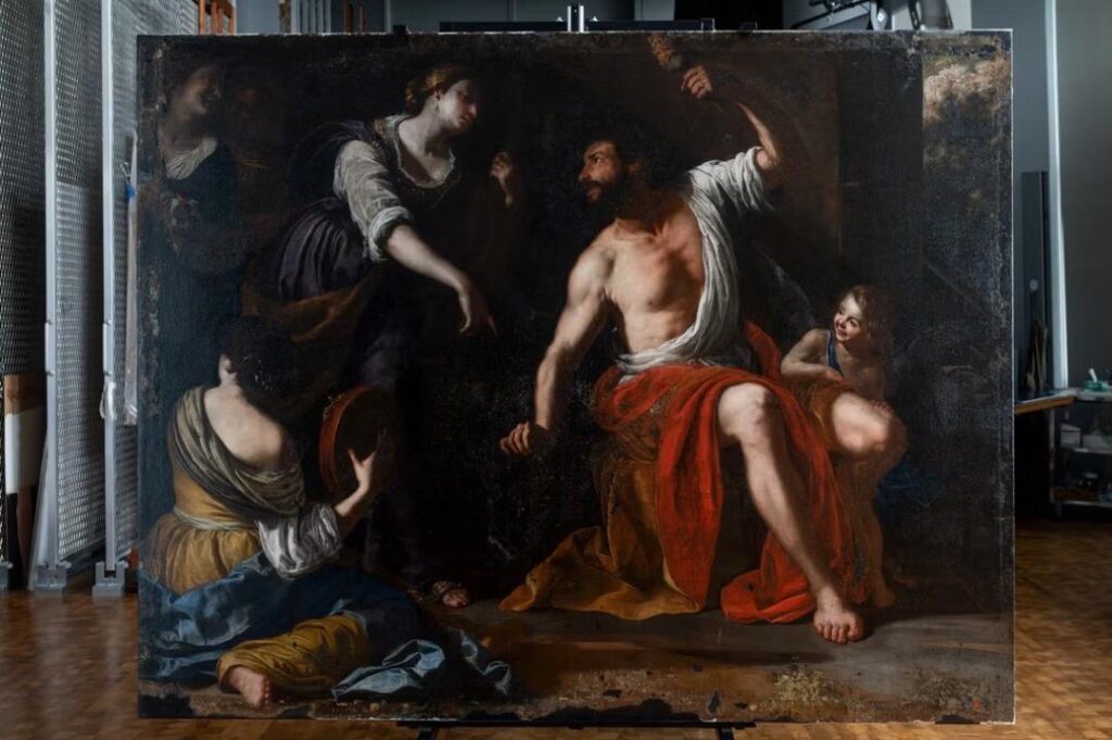 Ercole e Onfale di Artemisia Gentileschi (1635-1637 circa), quasi completamente restaurato dal conservatore senior dei dipinti del Getty Ulrich Birkmaier Collezioni del Palazzo Sursock, Beirut, Libano. © 2025 J. Paul Getty Trust